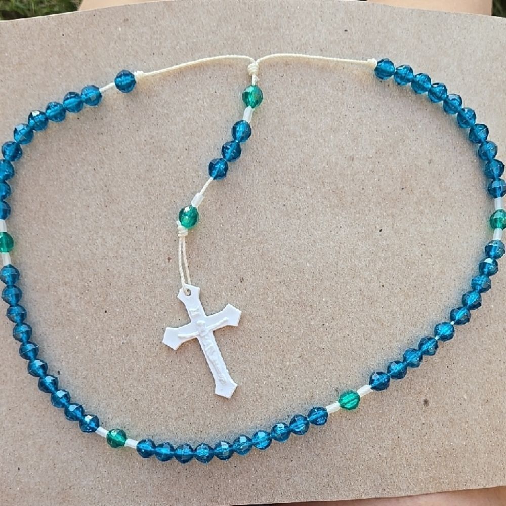 Blue Teal Green Beaded Rosary Necklace Jewelry Unisex White Kids Faith Love